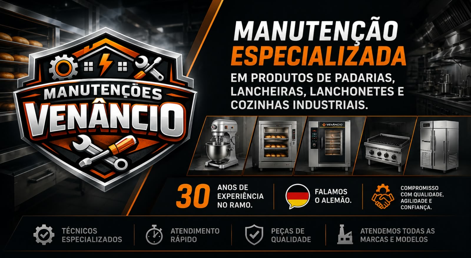 Banner Manutenções Venâncio com equipamentos atendidos: batedeira, forno, forno combinado, chapa e refrigerador